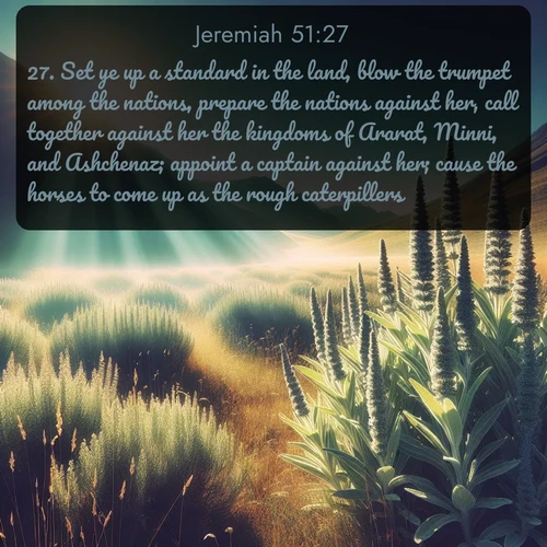 citation biblique : 27. Set ye up a standard in the land, blow the trumpet among the nations, prepare the nations against her, call together against her the kingdoms of Ararat, Minni, and Ashchenaz; appoint a captain against her; cause the horses to come up as the rough caterpillers.
 sur fond image nature