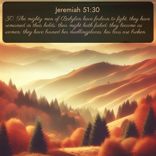 citation biblique : 30. The mighty men of Babylon have forborn to fight, they have remained in their holds: their might hath failed; they became as women: they have burned her dwellingplaces; her bars are broken.
 sur fond image nature