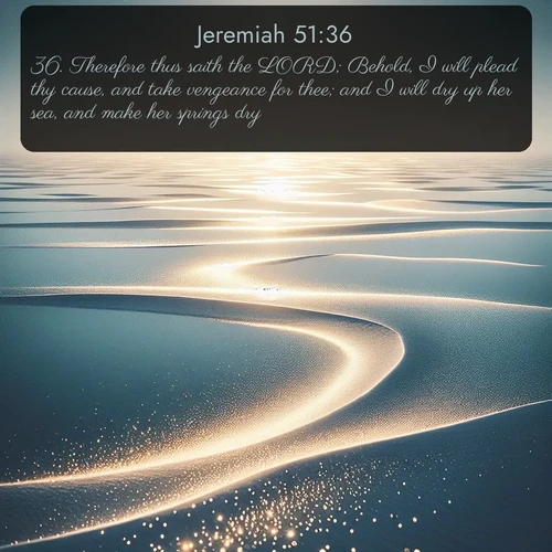KJV Jeremiah  ; image nature: image with the bible verse :Therefore thus saith the LORD; Behold, I will plead thy cause, and take vengeance for thee; and I will dry up her sea, and make her springs dry. ; Admire Bible verse images illustrated by summer photos, such as sunny beaches, sparkling waves, and swaying palm trees. These bright scenes highlight the joy and warmth of God&#039;s creation. Download and share verses like KJV Jeremiah 51:36. Current verse is overlayed with the thematic nature scene : Summer heat waves ripple above salt flats stretching to the horizon. ; 51:36