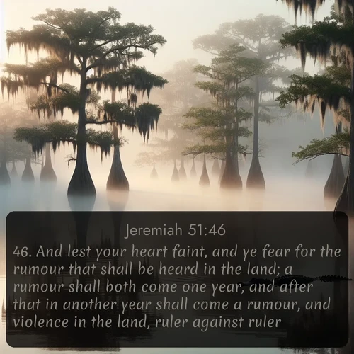 KJV Jeremiah  ; image nature: image with the bible verse :And lest your heart faint, and ye fear for the rumour that shall be heard in the land; a rumour shall both come one year, and after that in another year shall come a rumour, and violence in the land, ruler against ruler. ; Discover Bible images capturing the essence of autumn, with wooded paths, golden fields, and swirling leaves. These scenes reflect the changing beauty of God&#039;s creation. Download verses like KJV Jeremiah 51:46. Current verse is overlayed with the thematic nature scene : Morning fog clings to gnarled cypress trees in the swamp. An alligator glides silently through the dark water. ; 51:46
