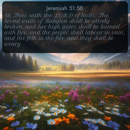 KJV Jeremiah  ; image nature: image with the bible verse :Thus saith the LORD of hosts; The broad walls of Babylon shall be utterly broken, and her high gates shall be burned with fire; and the people shall labour in vain, and the folk in the fire, and they shall be weary. ; Explore our gallery of inspiring Bible verse images showcasing divine beauty through nature. Download scenic images like snowy peaks, lush meadows, or radiant sunsets paired with verses like KJV Jeremiah 51:58. Current verse is overlayed with the thematic nature scene : Spring wildflowers carpet an alpine meadow beneath snow-capped peaks. ; 51:58