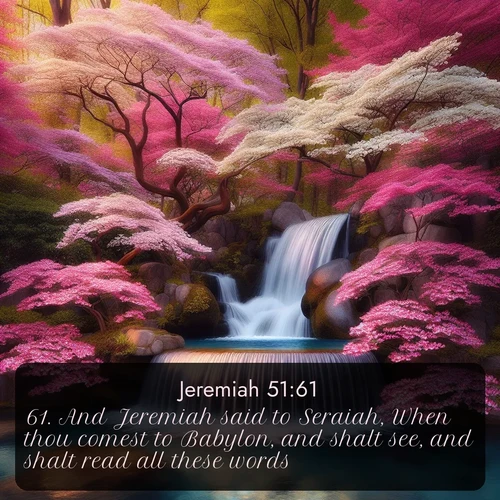 KJV Jeremiah  ; image nature: image with the bible verse :And Jeremiah said to Seraiah, When thou comest to Babylon, and shalt see, and shalt read all these words; ; Dive into our collection of Bible verse images combined with sublime nature photos, such as graceful waterfalls, radiant sunsets, and endless meadows. These compositions highlight the peace and harmony of God&#039;s creation with vivid colors and carefully integrated text. Download and share verses like KJV Jeremiah 51:61. Current verse is overlayed with the thematic nature scene : A spring cascade plunges into a pool surrounded by flowering dogwood. ; 51:61