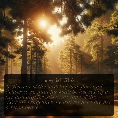 citation biblique : 6. Flee out of the midst of Babylon, and deliver every man his soul: be not cut off in her iniquity; for this is the time of the LORD&#039;s vengeance; he will render unto her a recompence.
 sur fond image nature