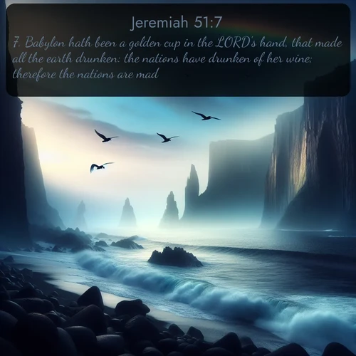 citation biblique : 7. Babylon hath been a golden cup in the LORD&#039;s hand, that made all the earth drunken: the nations have drunken of her wine; therefore the nations are mad.
 sur fond image nature