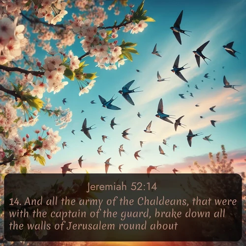 citation biblique : 14. And all the army of the Chaldeans, that were with the captain of the guard, brake down all the walls of Jerusalem round about.
 sur fond image nature
