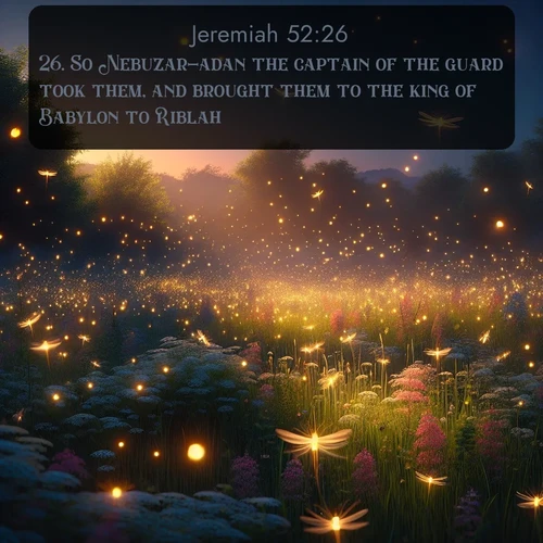 KJV Jeremiah  ; image nature: image with the bible verse :So Nebuzar-adan the captain of the guard took them, and brought them to the king of Babylon to Riblah. ; Explore serene Bible verse images adorned with photos of divine creation—tranquil beaches, snowy mountains, and starry skies. Each image is free to download and share. Verses include KJV Jeremiah 52:26. Current verse is overlayed with the thematic nature scene : Fireflies dance above a spring meadow filled with singing crickets. ; 52:26