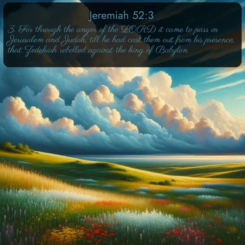 citation biblique : 3. For through the anger of the LORD it came to pass in Jerusalem and Judah, till he had cast them out from his presence, that Zedekiah rebelled against the king of Babylon.
 sur fond image nature