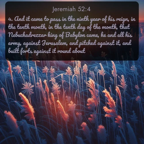 KJV Jeremiah  ; image nature: image with the bible verse :And it came to pass in the ninth year of his reign, in the tenth month, in the tenth day of the month, that Nebuchadrezzar king of Babylon came, he and all his army, against Jerusalem, and pitched against it, and built forts against it round about. ; Discover Bible verse images capturing the warmth of summer, with beach landscapes, sunlit fields, and clear skies. These bright scenes reflect divine joy. Share verses like KJV Jeremiah 52:4. Current verse is overlayed with the thematic nature scene : Winter sunrise illuminates frost-covered prairie grass. ; 52:4