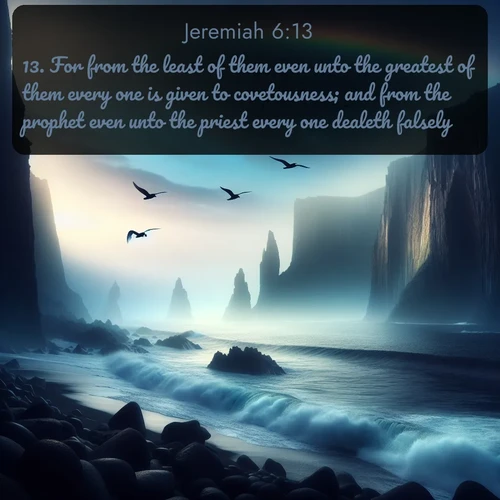 KJV Jeremiah  ; image nature: image with the bible verse :For from the least of them even unto the greatest of them every one is given to covetousness; and from the prophet even unto the priest every one dealeth falsely. ; Access a vast collection of Bible verse images illustrated with natural landscapes like calm rivers, blooming fields, and bright horizons. These images emphasize the serenity and splendor of God&#039;s creation, accompanied by aesthetic fonts and joyful colors. Download verses like KJV Jeremiah 6:13 and share them. Current verse is overlayed with the thematic nature scene : Ocean waves crash against volcanic cliffs as seabirds wheel overhead, creating momentary rainbows. ; 6:13