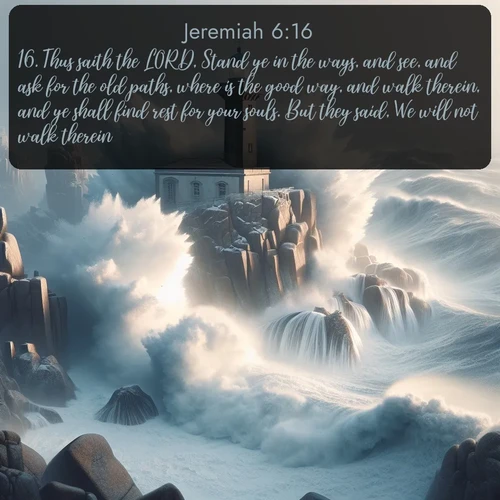 citation biblique : 16. Thus saith the LORD, Stand ye in the ways, and see, and ask for the old paths, where is the good way, and walk therein, and ye shall find rest for your souls. But they said, We will not walk therein.
 sur fond image nature