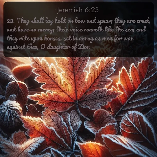 citation biblique : 23. They shall lay hold on bow and spear; they are cruel, and have no mercy; their voice roareth like the sea; and they ride upon horses, set in array as men for war against thee, O daughter of Zion.
 sur fond image nature