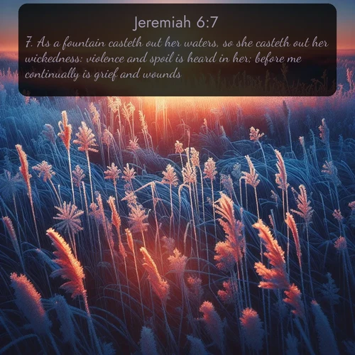 citation biblique : 7. As a fountain casteth out her waters, so she casteth out her wickedness: violence and spoil is heard in her; before me continually is grief and wounds.
 sur fond image nature