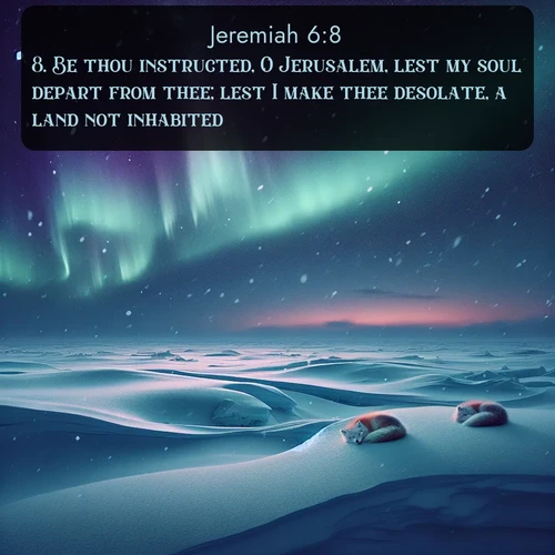 citation biblique : 8. Be thou instructed, O Jerusalem, lest my soul depart from thee; lest I make thee desolate, a land not inhabited.
 sur fond image nature