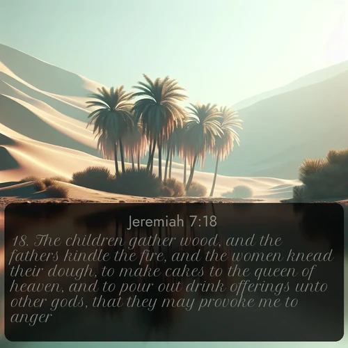 citation biblique : 18. The children gather wood, and the fathers kindle the fire, and the women knead their dough, to make cakes to the queen of heaven, and to pour out drink offerings unto other gods, that they may provoke me to anger.
 sur fond image nature