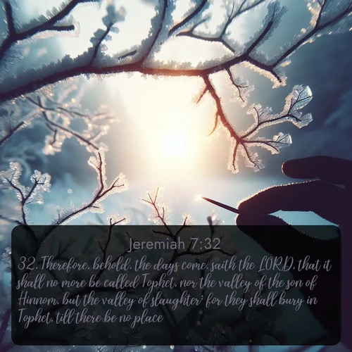 citation biblique : 32. Therefore, behold, the days come, saith the LORD, that it shall no more be called Tophet, nor the valley of the son of Hinnom, but the valley of slaughter: for they shall bury in Tophet, till there be no place.
 sur fond image nature