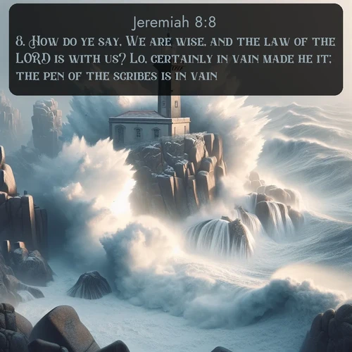 KJV Jeremiah  ; image nature: image with the bible verse :How do ye say, We are wise, and the law of the LORD is with us? Lo, certainly in vain made he it; the pen of the scribes is in vain. ; Discover beautiful Bible verse images that combine inspiring scripture with captivating nature photos. Download high-quality images featuring lush valleys, peaceful streams, and endless horizons like KJV Jeremiah 8:8. Current verse is overlayed with the thematic nature scene : Winter storms send massive waves crashing against lighthouse rocks. ; 8:8