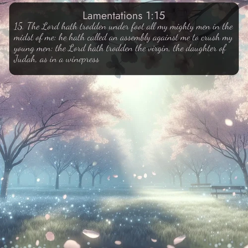 citation biblique : 15. The Lord hath trodden under foot all my mighty men in the midst of me: he hath called an assembly against me to crush my young men: the Lord hath trodden the virgin, the daughter of Judah, as in a winepress.
 sur fond image nature