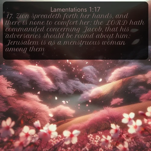 citation biblique : 17. Zion spreadeth forth her hands, and there is none to comfort her: the LORD hath commanded concerning Jacob, that his adversaries should be round about him: Jerusalem is as a menstruous woman among them.
 sur fond image nature