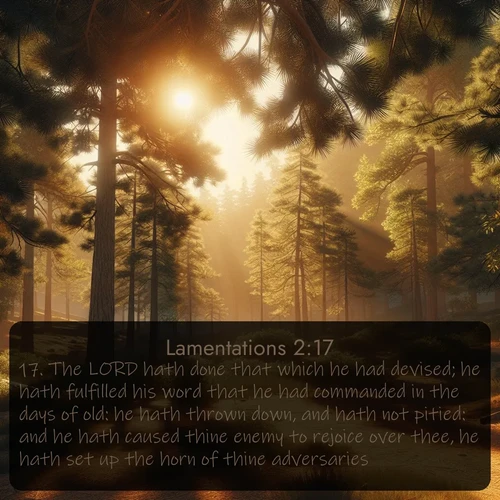 citation biblique : 17. The LORD hath done that which he had devised; he hath fulfilled his word that he had commanded in the days of old: he hath thrown down, and hath not pitied: and he hath caused thine enemy to rejoice over thee, he hath set up the horn of thine adversaries.
 sur fond image nature