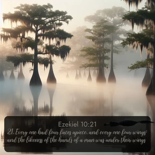 citation biblique : 21. Every one had four faces apiece, and every one four wings; and the likeness of the hands of a man was under their wings.
 sur fond image nature