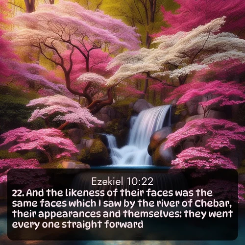 KJV Ezekiel  ; image nature: image with the bible verse :And the likeness of their faces was the same faces which I saw by the river of Chebar, their appearances and themselves: they went every one straight forward. ; Discover beautiful Bible verse images enriched with natural landscapes, from serene beaches to cascading waterfalls. All images are free and ready to download. Share verses such as KJV Ezekiel 10:22. Current verse is overlayed with the thematic nature scene : A spring cascade plunges into a pool surrounded by flowering dogwood. ; 10:22