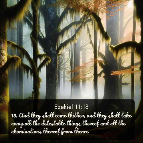 citation biblique : 18. And they shall come thither, and they shall take away all the detestable things thereof and all the abominations thereof from thence.
 sur fond image nature