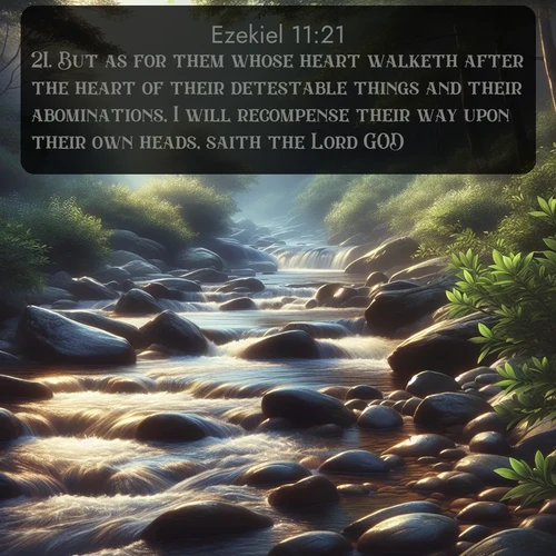 citation biblique : 21. But as for them whose heart walketh after the heart of their detestable things and their abominations, I will recompense their way upon their own heads, saith the Lord GOD.
 sur fond image nature