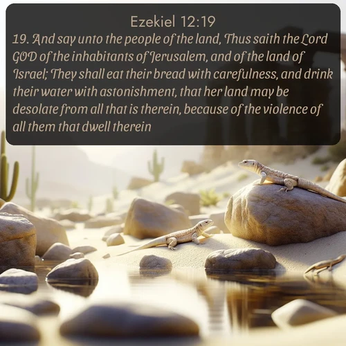 citation biblique : 19. And say unto the people of the land, Thus saith the Lord GOD of the inhabitants of Jerusalem, and of the land of Israel; They shall eat their bread with carefulness, and drink their water with astonishment, that her land may be desolate from all that is therein, because of the violence of all them that dwell therein.
 sur fond image nature