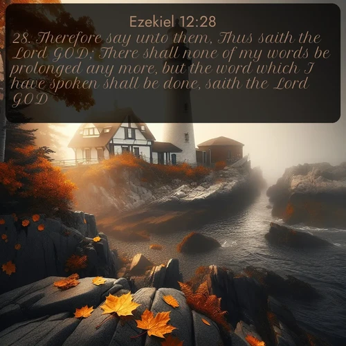 citation biblique : 28. Therefore say unto them, Thus saith the Lord GOD; There shall none of my words be prolonged any more, but the word which I have spoken shall be done, saith the Lord GOD.
 sur fond image nature