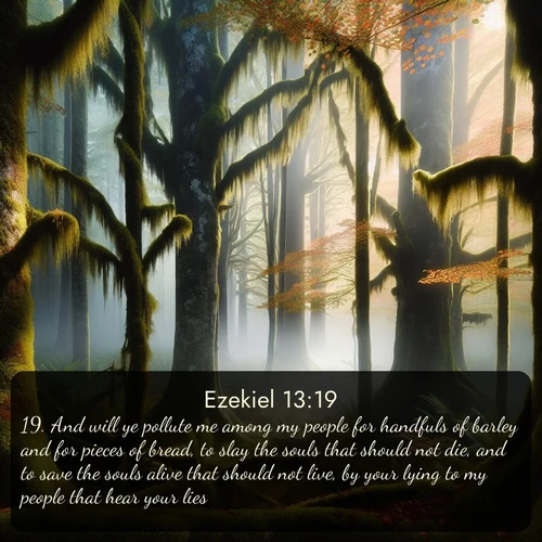 KJV Ezekiel  ; image nature: image with the bible verse :And will ye pollute me among my people for handfuls of barley and for pieces of bread, to slay the souls that should not die, and to save the souls alive that should not live, by your lying to my people that hear your lies? ; Explore serene Bible verse images adorned with photos of divine creation—tranquil beaches, snowy mountains, and starry skies. Each image is free to download and share. Verses include KJV Ezekiel 13:19. Current verse is overlayed with the thematic nature scene : Autumn fog shrouds an old-growth forest draped in moss and lichen. ; 13:19