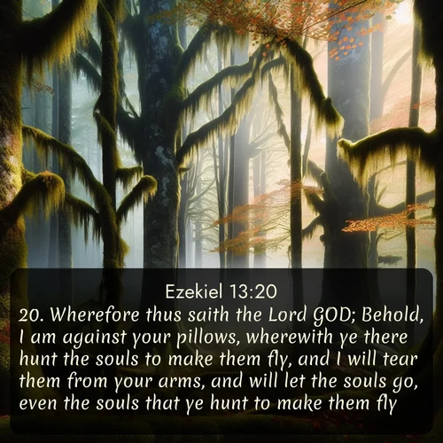 citation biblique : 20. Wherefore thus saith the Lord GOD; Behold, I am against your pillows, wherewith ye there hunt the souls to make them fly, and I will tear them from your arms, and will let the souls go, even the souls that ye hunt to make them fly.
 sur fond image nature
