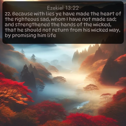 citation biblique : 22. Because with lies ye have made the heart of the righteous sad, whom I have not made sad; and strengthened the hands of the wicked, that he should not return from his wicked way, by promising him life:
 sur fond image nature