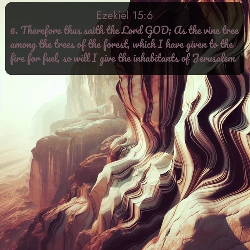 KJV Ezekiel  ; image nature: image with the bible verse :Therefore thus saith the Lord GOD; As the vine tree among the trees of the forest, which I have given to the fire for fuel, so will I give the inhabitants of Jerusalem. ; Admire our gallery of Bible verse images showcasing divine beauty in nature—whether snowy peaks or serene oceans. Each image is freely downloadable and perfect for personal or spiritual use. Share verses like KJV Ezekiel 15:6. Current verse is overlayed with the thematic nature scene : Desert varnish stains cliff faces in abstract patterns. ; 15:6