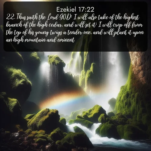 citation biblique : 22. Thus saith the Lord GOD; I will also take of the highest branch of the high cedar, and will set it; I will crop off from the top of his young twigs a tender one, and will plant it upon an high mountain and eminent:
 sur fond image nature