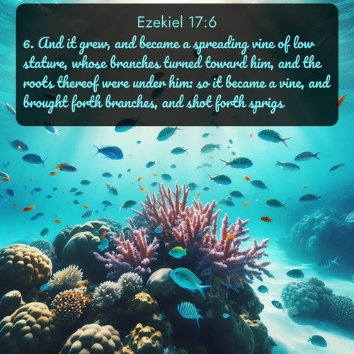 KJV Ezekiel  ; image nature: image with the bible verse :And it grew, and became a spreading vine of low stature, whose branches turned toward him, and the roots thereof were under him: so it became a vine, and brought forth branches, and shot forth sprigs. ; Explore an exceptional collection of Bible verse images accompanied by photos of nature, showcasing snowy mountains, serene forests, and still lakes. These images feature luminous tones and varied fonts to bring serenity and inspiration. Share uplifting verses like KJV Ezekiel 17:6. Current verse is overlayed with the thematic nature scene : Tropical fish dart through coral reefs in crystal-clear waters. ; 17:6