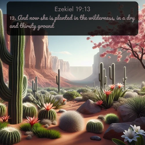 KJV Ezekiel  ; image nature: image with the bible verse :And now she is planted in the wilderness, in a dry and thirsty ground. ; Discover our curated gallery of Bible verse images with breathtaking scenery, from tranquil deserts to lush green pastures. Perfect for phone wallpapers or sharing online. Download verses like KJV Ezekiel 19:13. Current verse is overlayed with the thematic nature scene : Desert cacti burst with spring blooms against red sandstone formations. ; 19:13