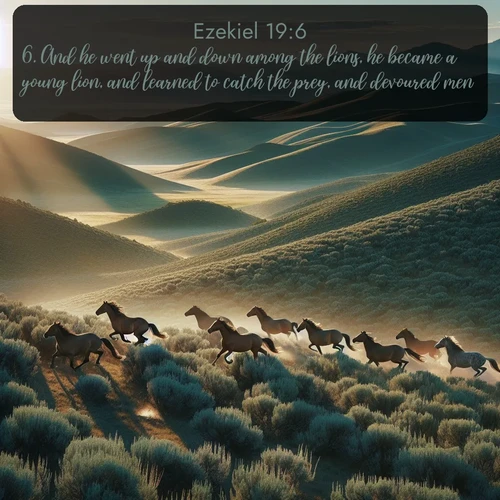 citation biblique : 6. And he went up and down among the lions, he became a young lion, and learned to catch the prey, and devoured men.
 sur fond image nature