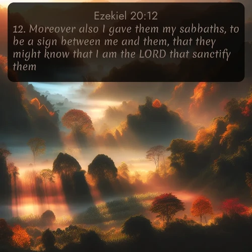 KJV Ezekiel  ; image nature: image with the bible verse :Moreover also I gave them my sabbaths, to be a sign between me and them, that they might know that I am the LORD that sanctify them. ; Explore an exceptional collection of Bible verse images accompanied by photos of nature, showcasing snowy mountains, serene forests, and still lakes. These images feature luminous tones and varied fonts to bring serenity and inspiration. Share uplifting verses like KJV Ezekiel 20:12. Current verse is overlayed with the thematic nature scene : Autumn mist rises from warming morning valleys. ; 20:12