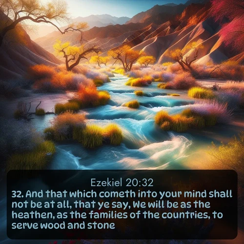 citation biblique : 32. And that which cometh into your mind shall not be at all, that ye say, We will be as the heathen, as the families of the countries, to serve wood and stone.
 sur fond image nature