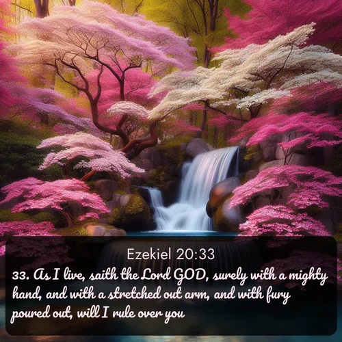 citation biblique : 33. As I live, saith the Lord GOD, surely with a mighty hand, and with a stretched out arm, and with fury poured out, will I rule over you:
 sur fond image nature