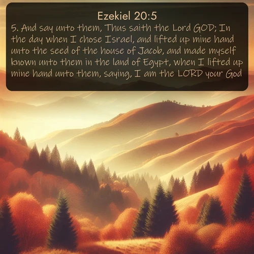 citation biblique : 5. And say unto them, Thus saith the Lord GOD; In the day when I chose Israel, and lifted up mine hand unto the seed of the house of Jacob, and made myself known unto them in the land of Egypt, when I lifted up mine hand unto them, saying, I am the LORD your God;
 sur fond image nature