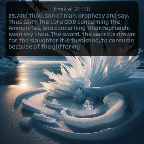 KJV Ezekiel  ; image nature: image with the bible verse :And thou, son of man, prophesy and say, Thus saith the Lord GOD concerning the Ammonites, and concerning their reproach; even say thou, The sword, the sword is drawn: for the slaughter it is furbished, to consume because of the glittering: ; Admire our gallery of Bible verse images showcasing divine beauty in nature—whether snowy peaks or serene oceans. Each image is freely downloadable and perfect for personal or spiritual use. Share verses like KJV Ezekiel 21:28. Current verse is overlayed with the thematic nature scene : Winter ice forms abstract sculptures along a lake shore. ; 21:28