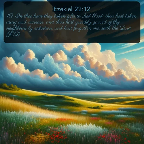 citation biblique : 12. In thee have they taken gifts to shed blood; thou hast taken usury and increase, and thou hast greedily gained of thy neighbours by extortion, and hast forgotten me, saith the Lord GOD.
 sur fond image nature