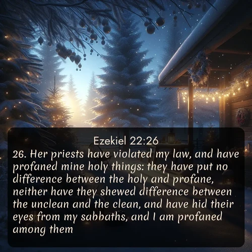 citation biblique : 26. Her priests have violated my law, and have profaned mine holy things: they have put no difference between the holy and profane, neither have they shewed difference between the unclean and the clean, and have hid their eyes from my sabbaths, and I am profaned among them.
 sur fond image nature