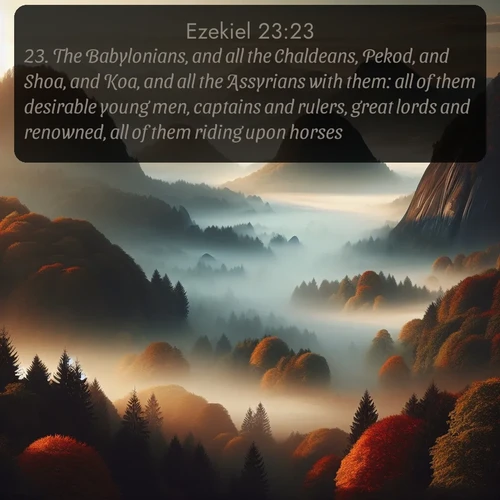 citation biblique : 23. The Babylonians, and all the Chaldeans, Pekod, and Shoa, and Koa, and all the Assyrians with them: all of them desirable young men, captains and rulers, great lords and renowned, all of them riding upon horses.
 sur fond image nature