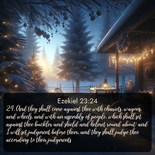 citation biblique : 24. And they shall come against thee with chariots, wagons, and wheels, and with an assembly of people, which shall set against thee buckler and shield and helmet round about: and I will set judgment before them, and they shall judge thee according to their judgments.
 sur fond image nature