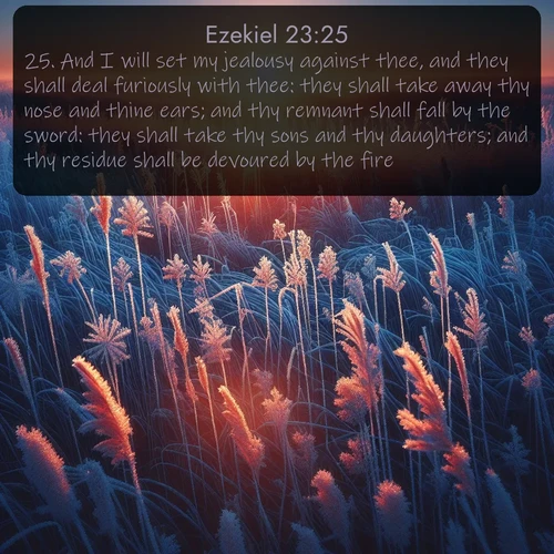 citation biblique : 25. And I will set my jealousy against thee, and they shall deal furiously with thee: they shall take away thy nose and thine ears; and thy remnant shall fall by the sword: they shall take thy sons and thy daughters; and thy residue shall be devoured by the fire.
 sur fond image nature