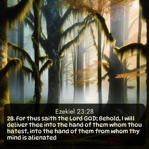citation biblique : 28. For thus saith the Lord GOD; Behold, I will deliver thee into the hand of them whom thou hatest, into the hand of them from whom thy mind is alienated:
 sur fond image nature