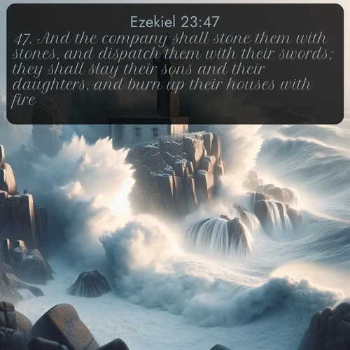 citation biblique : 47. And the company shall stone them with stones, and dispatch them with their swords; they shall slay their sons and their daughters, and burn up their houses with fire.
 sur fond image nature