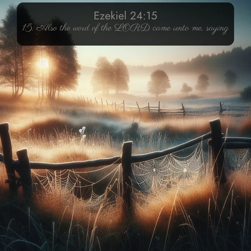 KJV Ezekiel  ; image nature: image with the bible verse :Also the word of the LORD came unto me, saying, ; Discover Bible images capturing the splendor of deserts, with golden dunes, vast skies, and peaceful oases. These landscapes highlight the grandeur and serenity of God&#039;s creation. Share verses like KJV Ezekiel 24:15. Current verse is overlayed with the thematic nature scene : Morning frost coats spider webs stretched between fence posts in a country meadow. ; 24:15